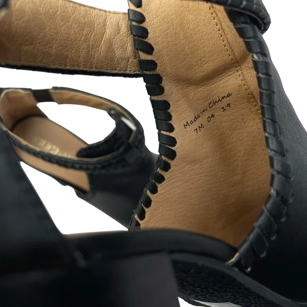 Jack‎ Rogers Block Heel Sandal Sz 7 Black Leather Ankle Strap Open Toe $158 Moto